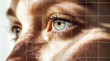 A beautiful close-up of a perfectly aligned human face featuring natural lighting and a golden ratio grid overlay