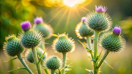 Obraz premium A symphony of purple wildflowers basking in the warm glow of the setting sun, their prickly heads bathed in the golden light