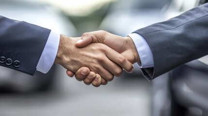 Car salesman and customer shake hands to finalize a vehicle sale in a professional setting