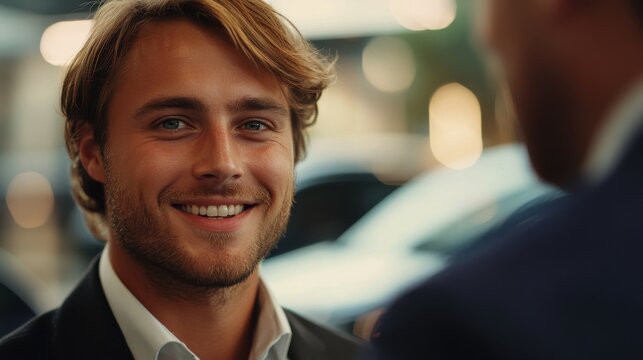 A confident car salesman discussing features and options with a potential buyer in a bustling showroom environment