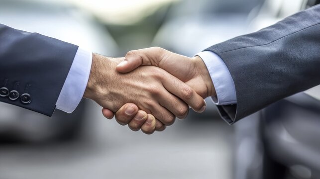 Car salesman and customer shake hands to finalize a vehicle sale in a professional setting