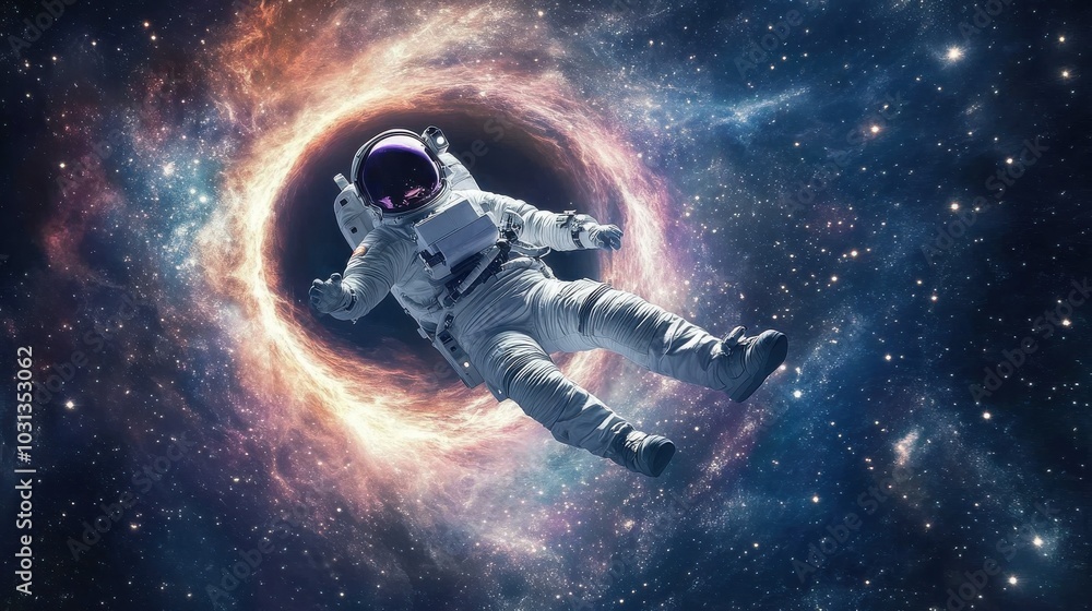 Poster an astronaut floats weightlessly near a swirling wormhole surrounded by vibrant stars and distant ne
