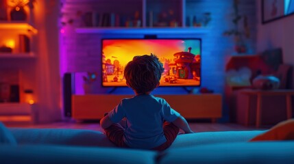 Obraz premium A child enjoys a vibrant animated show while sitting cross-legged on the couch in a cozy, playful living room atmosphere