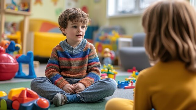 Child engaged in play therapy session with psychologist in colorful room filled with toys, fostering gentle interaction and emotional growth