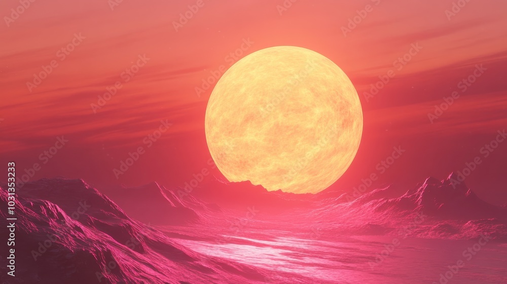 Poster a breathtaking sunset on a planet with a glowing atmosphere displaying dazzling light shows
