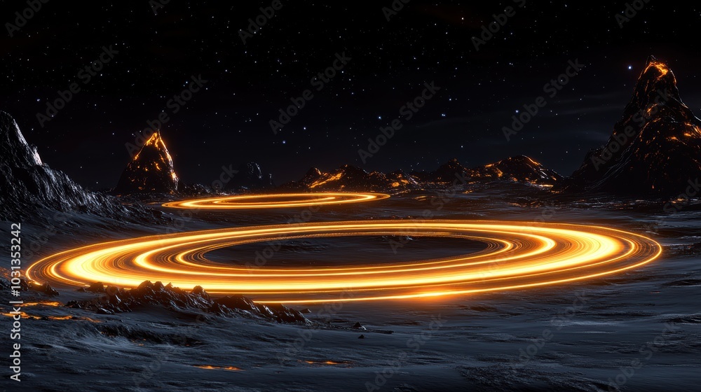 Poster a newly discovered planet with a thin atmosphere and glowing rings orbiting multiple moons in deep s