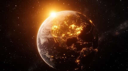 Fototapeta premium A vibrant planet showcasing a glowing atmosphere and stunning light displays during a captivating sunset