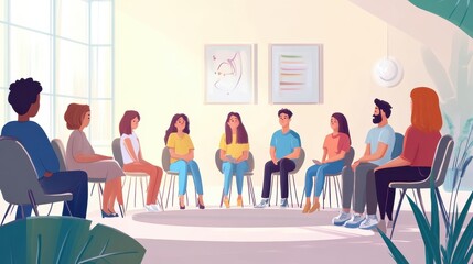Psychologist guiding a group therapy session with participants sharing feelings and experiences in a supportive circle