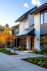Modern home with tree and walkway.