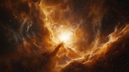 Obraz premium A new star emerges in a luminous nebula, surrounded by swirling gas and cosmic dust in deep space