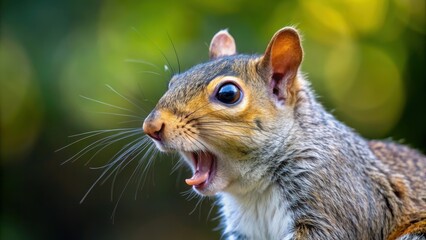 Obraz premium Close up of a grey squirrel yawning , animal, wildlife, cute, fluffy, furry, rodent, squirrel, close up, yawning, sleepy, adorable