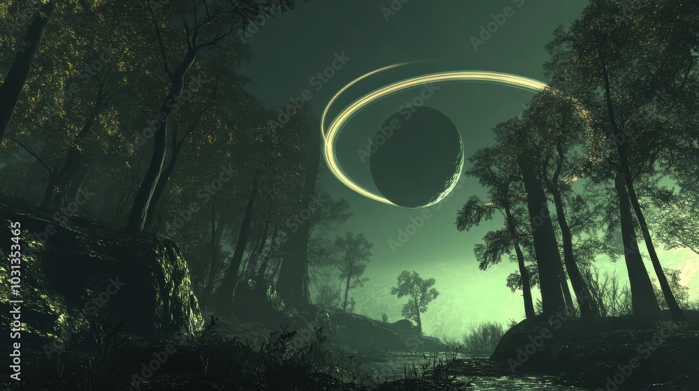 Poster A luminous moon surrounded by glowing forests orbits a massive ringed planet in a distant galaxy at twilight