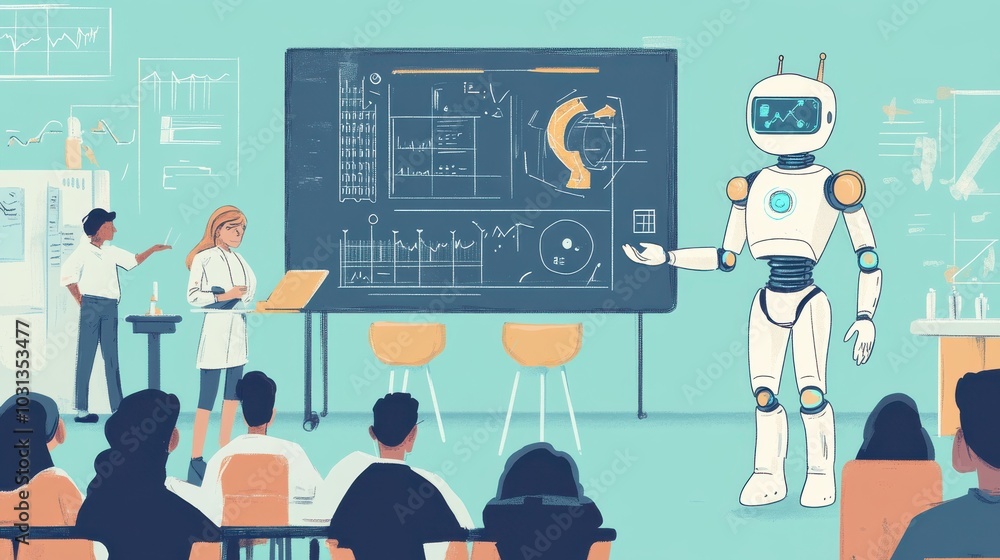 Poster a hand-drawn depiction of an ai prototype showcasing innovative ideas at a science fair to engaged a