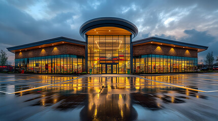 Modern store building reflecting on wet pavement at dusk.