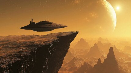 A mysterious alien spacecraft hovers near a new exoplanet, scanning the rugged terrain under a distant starry sky