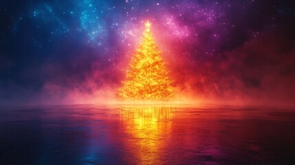 Obraz premium Enchanting illuminated Christmas tree in cosmic landscape
