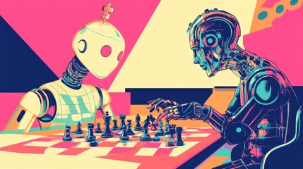 A colorful hand-drawn scene of an AI prototype competing against a grandmaster in an intense chess match