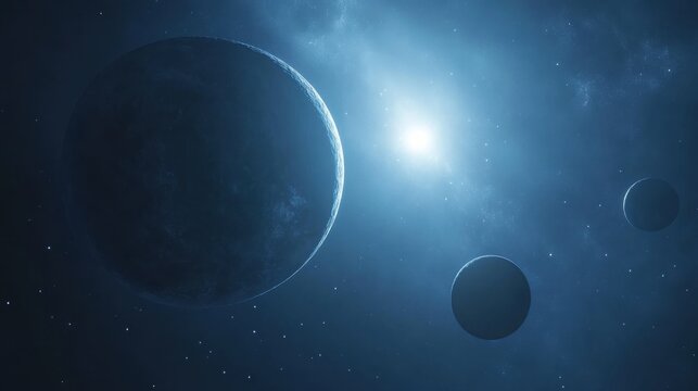 A new planetary system with glowing planets orbiting a massive blue star in deep space
