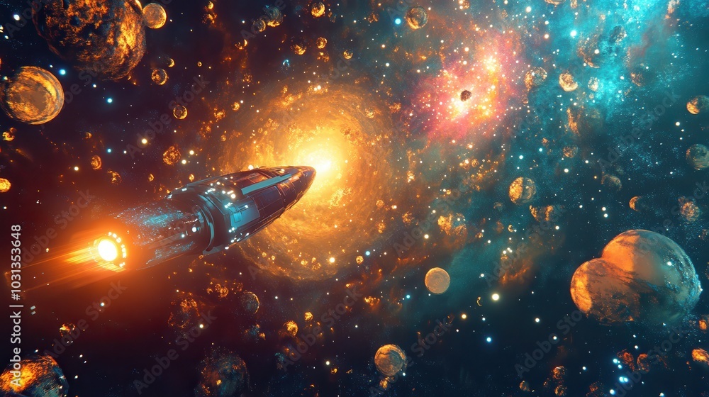 Poster a spaceship explores a newly discovered galaxy cluster at the edge of the known universe during a di