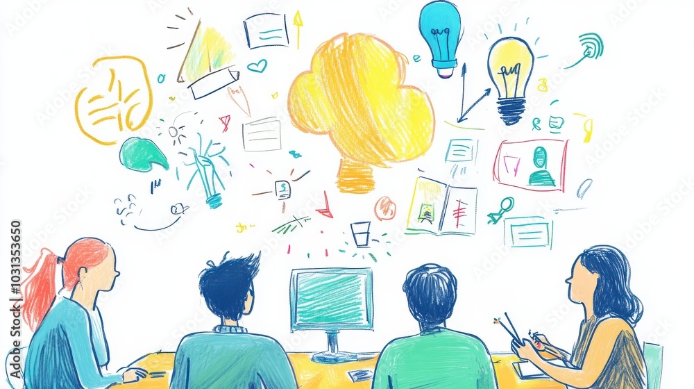 Poster A collaborative brainstorming session featuring humans and AI prototypes with vibrant sketches and ideas emerging around a table