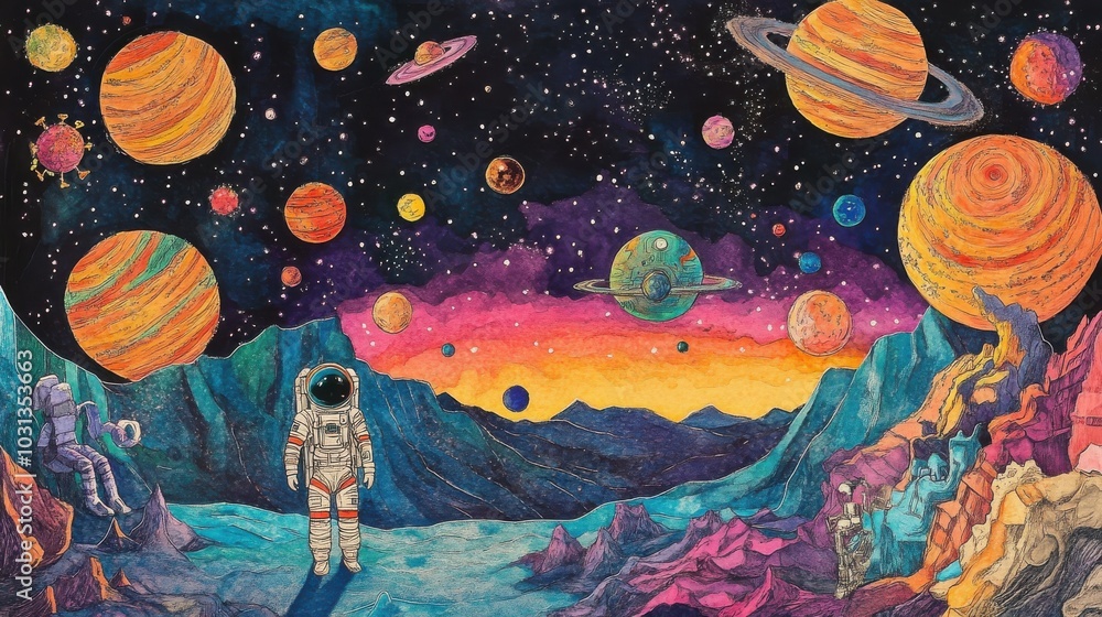 Aufkleber An adventurous AI prototype journeying through space with astronauts amidst vibrant planets and twinkling stars