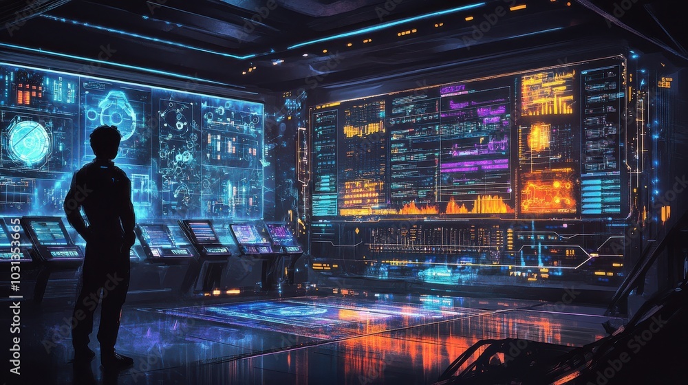 Poster futuristic lab featuring a hand-drawn ai prototype with vibrant screens showcasing data and algorith