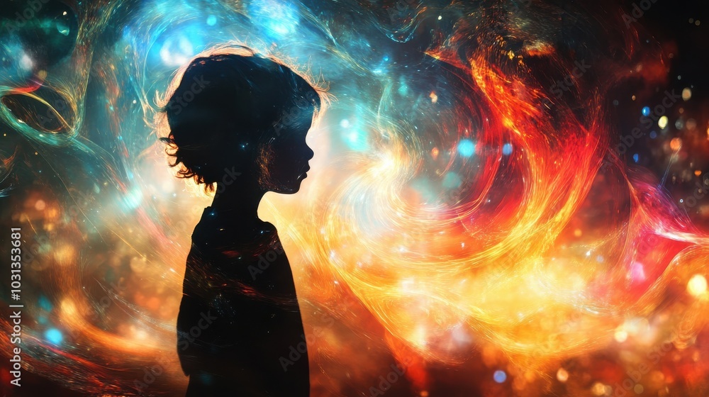 Poster A child explores vibrant portals of adventure through the power of teleportation in a mesmerizing double exposure display