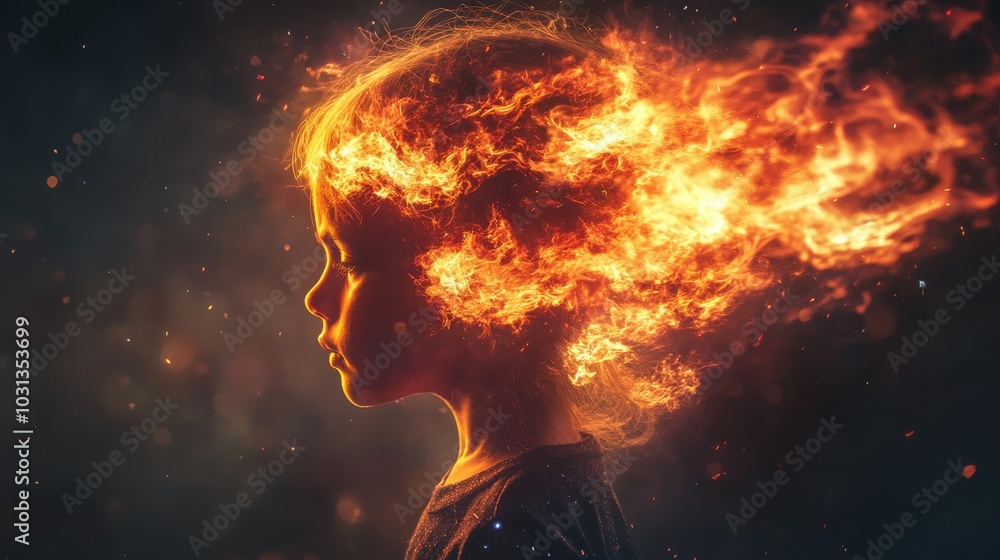 Aufkleber a child with the magical ability to control fire is enveloped in vibrant flames, showcasing their un