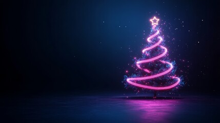 Glowing neon Christmas tree with star on a dark backdrop