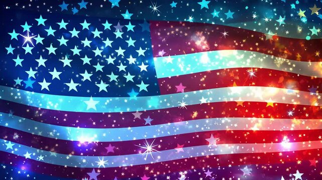 A festive American flag background with stars and sparkling lights.