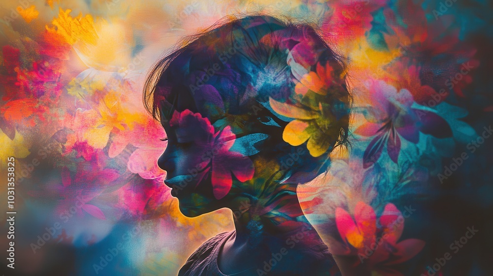 Aufkleber A child exploring the magic of invisibility against a vibrant backdrop filled with colorful patterns
