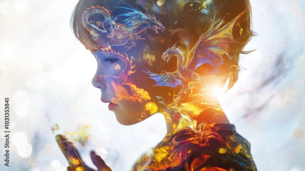 Poster a child envisions mythical creatures through double exposure, sparks of imagination illuminate the e