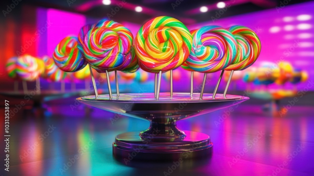 Poster a close-up of a silver serving platter with a group of rainbow swirl lollipops on sticks. the lollip