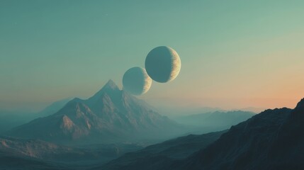 A distant Earth-like planet with three moons illuminating mountains in a tranquil twilight sky