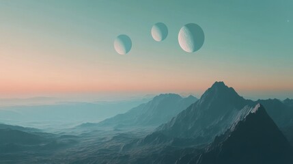A distant Earth-like planet with three moons casting shadows over mountainous terrain at twilight