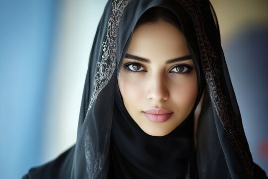 Arab woman wearing a traditional black abaya with a niqab, her eyes highlighted with kohl
