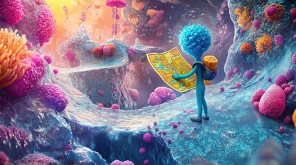 A colorful cartoon protein character explores a complex molecular landscape while holding a map during an adventurous journey