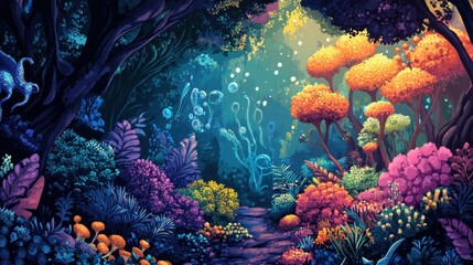 Naklejka premium Proteins personified in a vibrant magical forest representing diverse structures and functions surrounded by enchanting flora and fauna