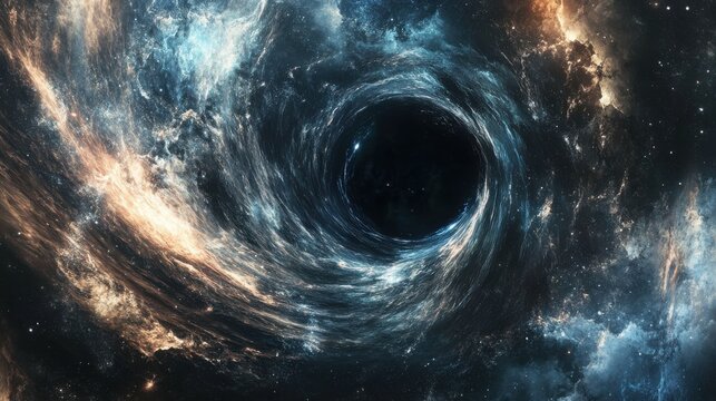 A close-up view of a black hole's event horizon revealing distorted light patterns in deep space - Powered by Adobe