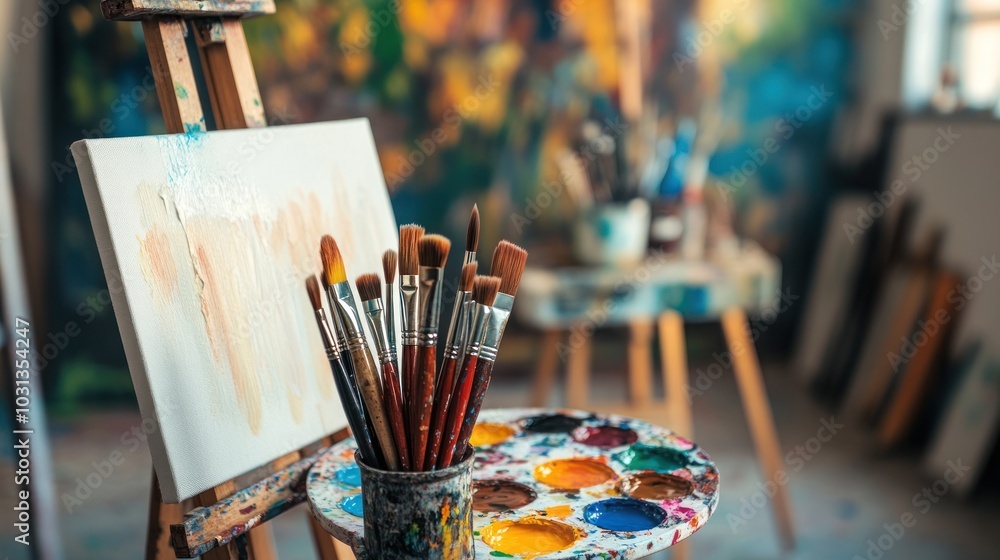 Poster a close-up shot of paintbrushes and a palette in front of a blank canvas on an easel.