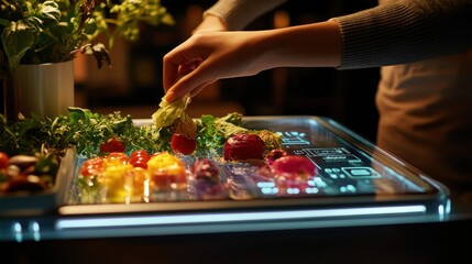 User engages with a modern food printer, adding fresh ingredients for advanced culinary creation at home