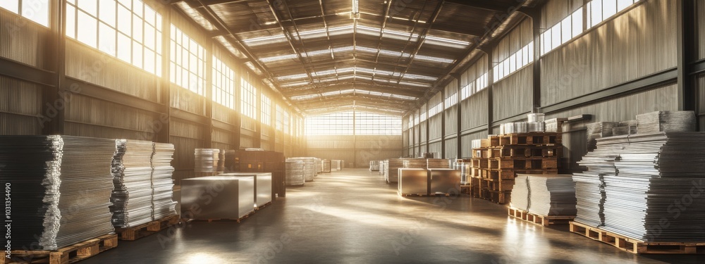 Poster a large warehouse with stacks of cardboard boxes and pallets under a skylight and large windows.