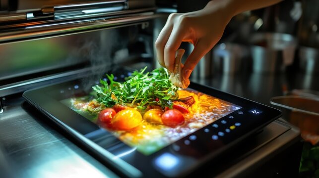 User customizing a colorful dish on a food printer touchscreen, showcasing fresh ingredients in a modern kitchen setting