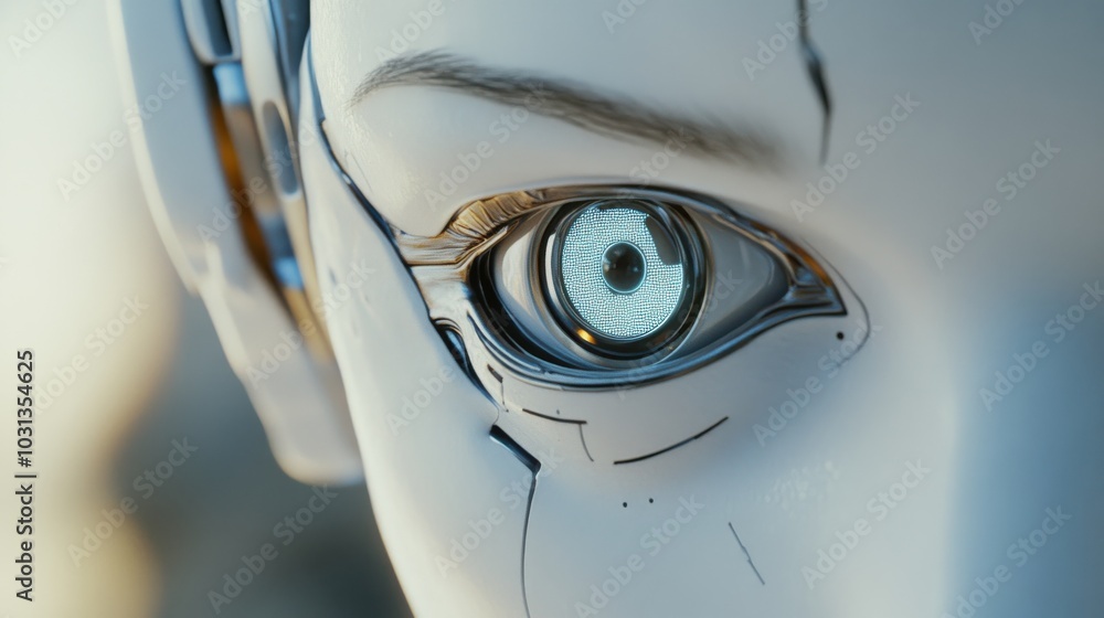Poster a close-up view of a robotic face reflecting on the fundamental rules of robotics during an introspe