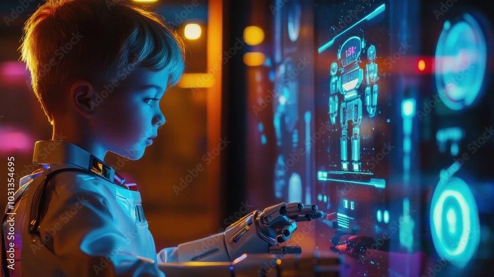 Poster a robot child engages with a holographic display in a vibrant classroom while learning the 3 rules o