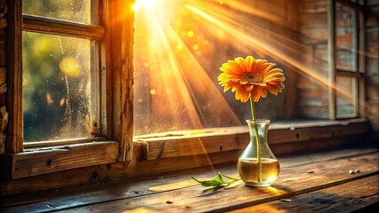 Golden Light Through a Window Illuminates a Single Flower in a Glass Vase on a Rustic Wooden Ledge