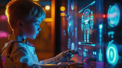 A robot child engages with a holographic display in a vibrant classroom while learning the 3 Rules of Robotics in a futuristic setting