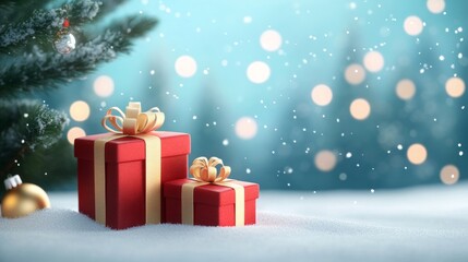 Festive Christmas gifts under a snowy tree