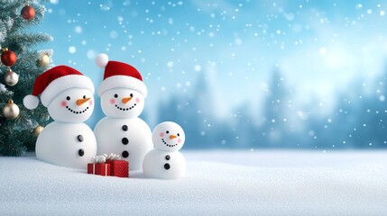 Cheerful snowmen celebrating Christmas with gifts