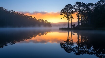 Obraz premium Misty Sunrise Over a Tranquil Lake With Trees Reflected in the Water